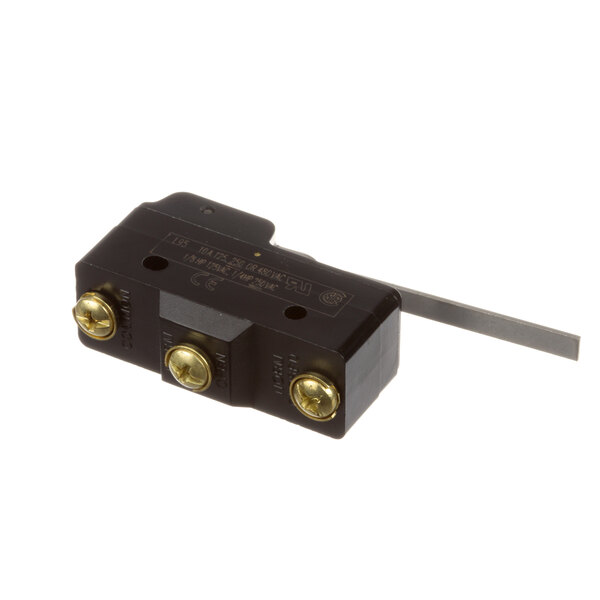 A black Federal Industries micro switch with two gold buttons.
