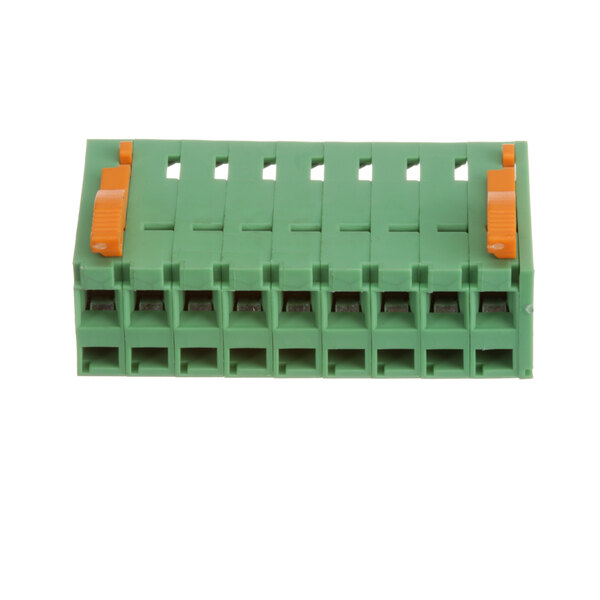 A green and orange Alto-Shaam terminal block with two orange wires connected.