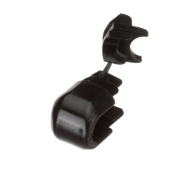 A close-up of a black plastic Cleveland strain relief bushing with a black clip on one end.