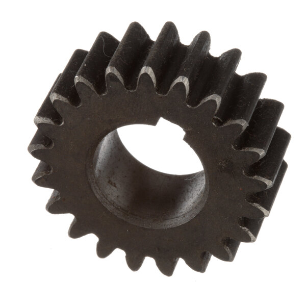 A close-up of a black Blakeslee spur pinion gear with a hole in the middle.