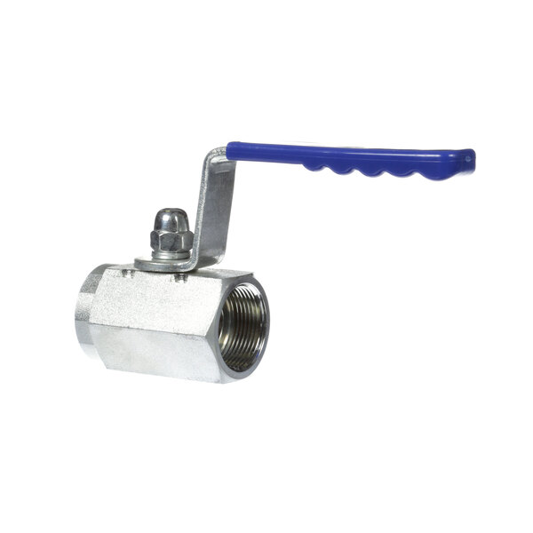 A stainless steel Imperial ball valve with a blue handle.