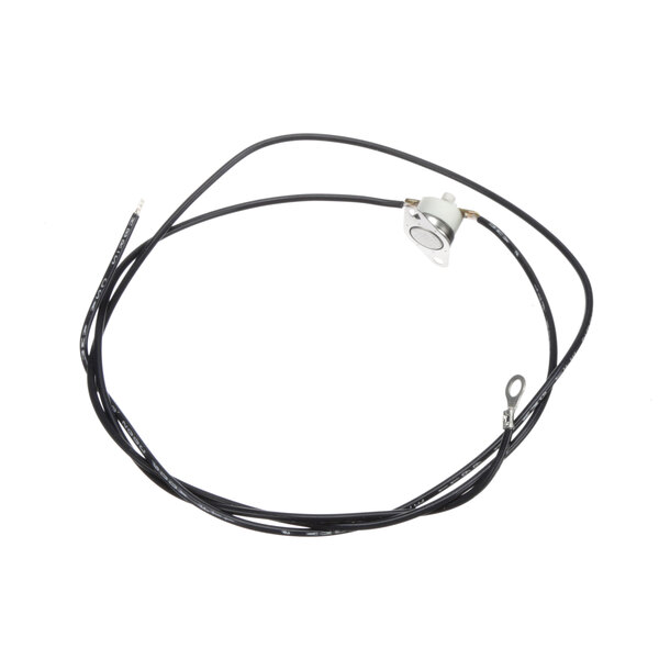 A black cable with a round black and white object at the end.