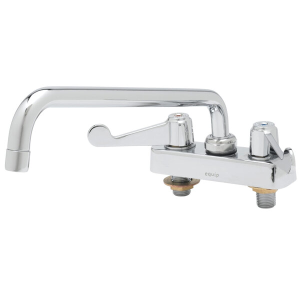 A chrome Equip by T&S deck-mounted faucet with wrist action handles and a swivel nozzle.