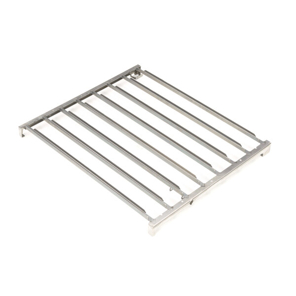 A stainless steel rack with four parallel metal bars.