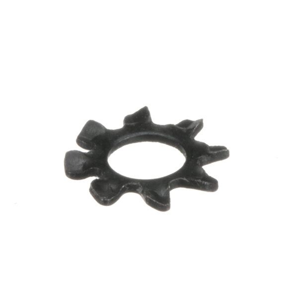 A black metal Vulcan lock washer with a hole in the middle.