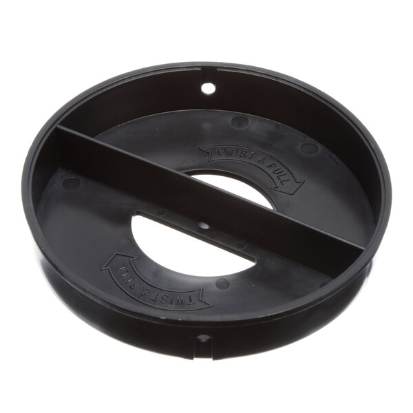 A black plastic Dispense-Rite cap end with two holes in a white circle.