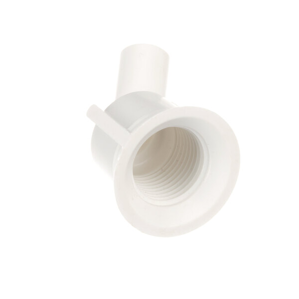 A white plastic pipe fitting with a nut on the end.