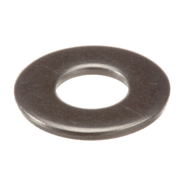 A close-up of a metal washer with a white background.