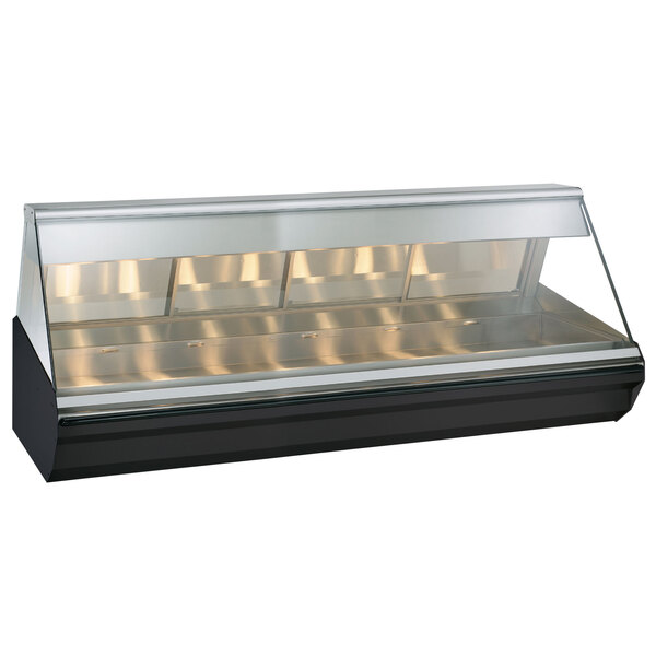 A stainless steel Alto-Shaam countertop heated display case with angled glass for self service.