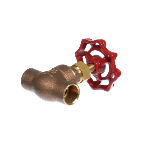 A red Montague steam supply and drain valve with a brass handle.