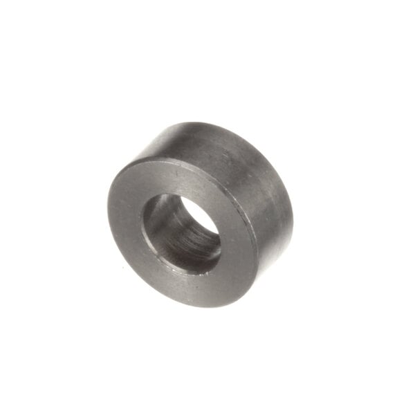 A round stainless steel spacer with a hole.