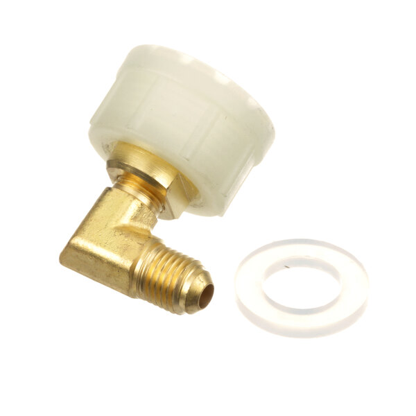 A brass fitting with a white washer and ring.