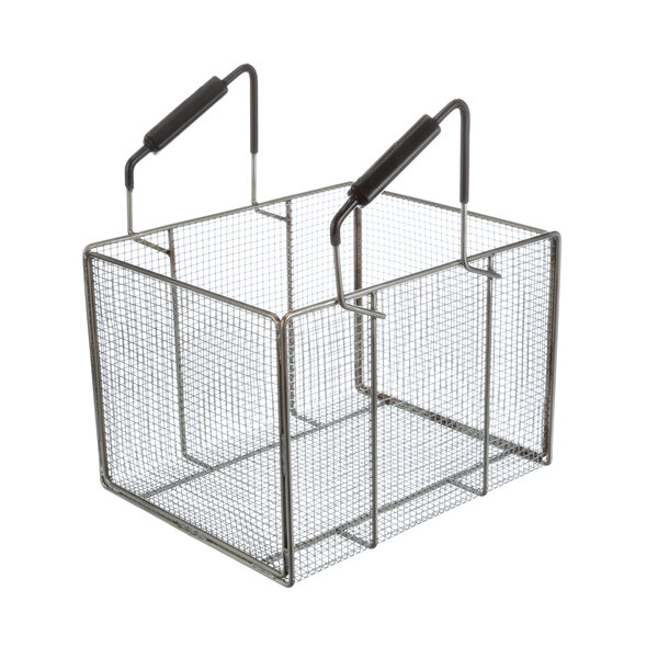 A wire basket with black handles.