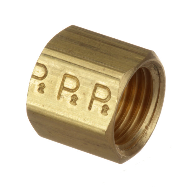 A close-up of a brass threaded nut with the letters "FP" on it.