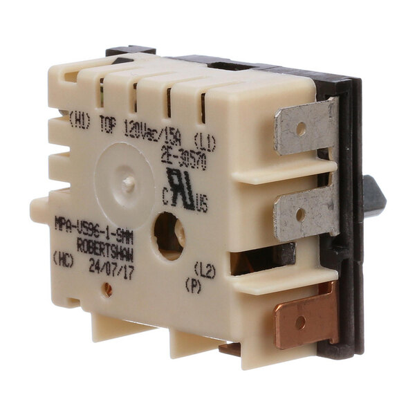 A white APW Wyott Infinite Switch with two wires and a switch.
