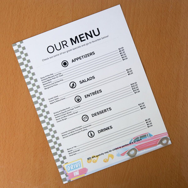 An 8 1/2" x 11" menu with a retro jukebox design on white paper.