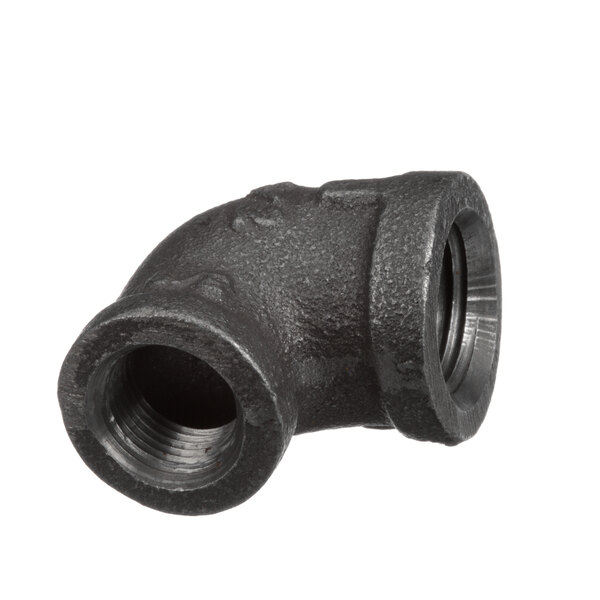 A Blakeslee 7693 black gas elbow fitting on a black pipe with a nut.