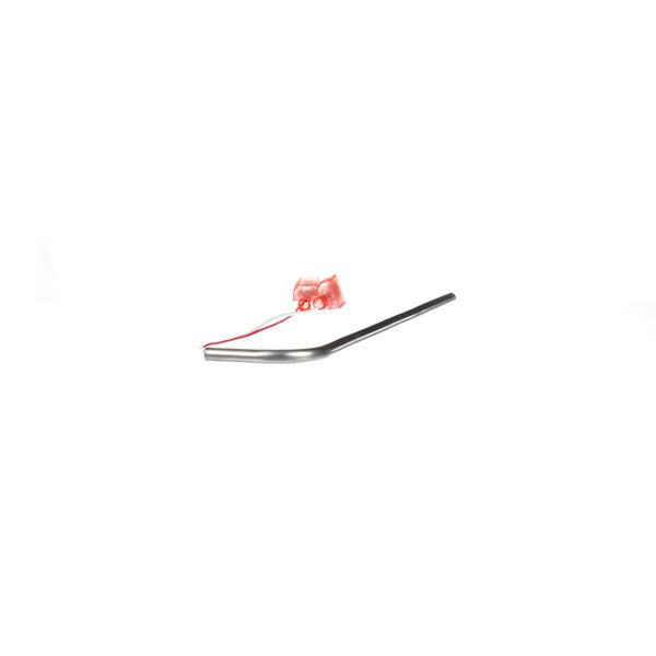 A white and red plastic temperature probe with a metal end and a red connector.