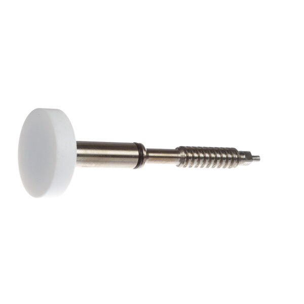 A metal screw with a white knob on top.