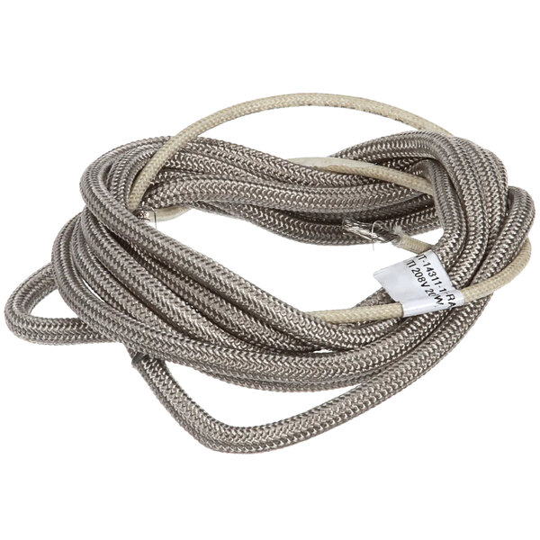 A coil of silver and white braided wires with white and brown ends.