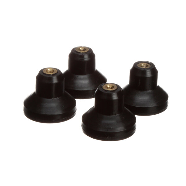 A pack of three black rubber feet with gold screws.