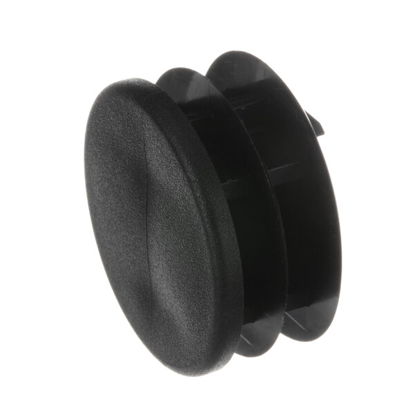 A black plastic knob with a black circle on a white background.