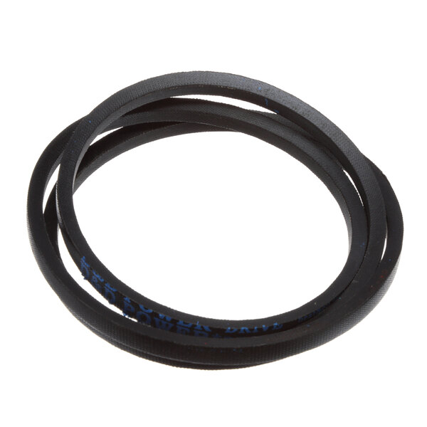 A black rubber Grindmaster Cecilware V-belt with blue writing on it.