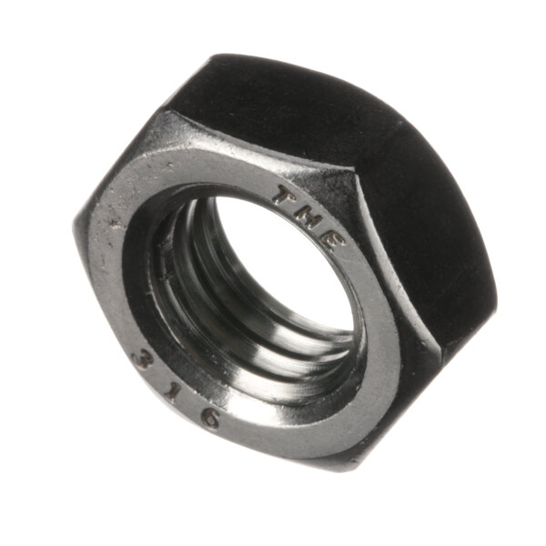 A close-up of a Groen hex nut with a black finish.