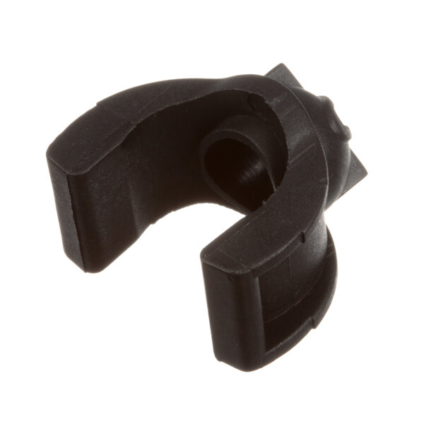 A black plastic clip with a hole.