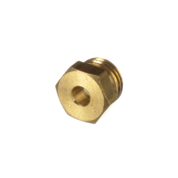 A close-up of a brass nut with a hole in the center.