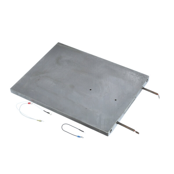 A rectangular grey metal Prince Castle platen with wires.
