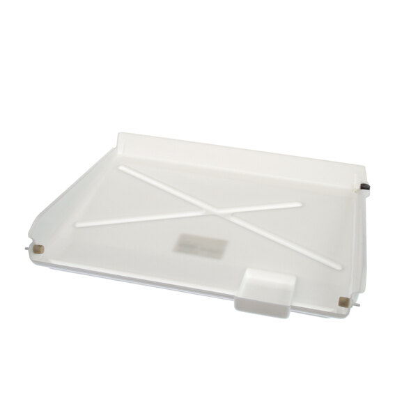 A white plastic Manitowoc Ice curtain tray with x-shaped handles.