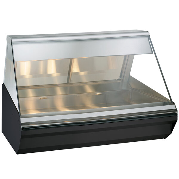 A stainless steel Alto-Shaam heated display case with angled glass doors on a counter.