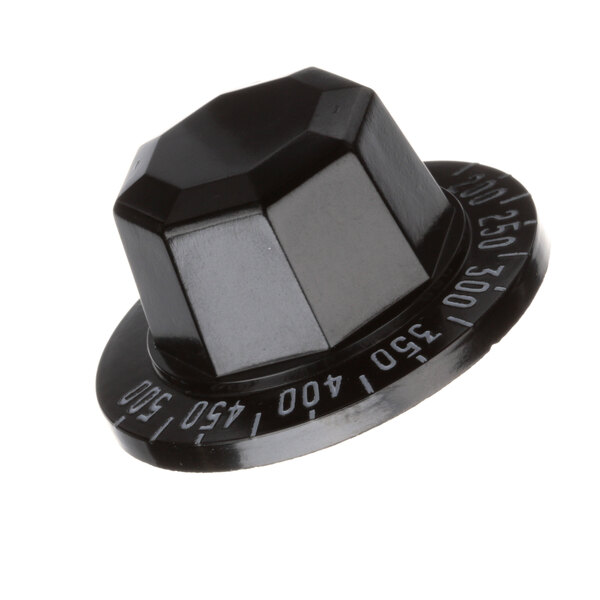 A close-up of a black plastic Vulcan T-Stat knob with white numbers.