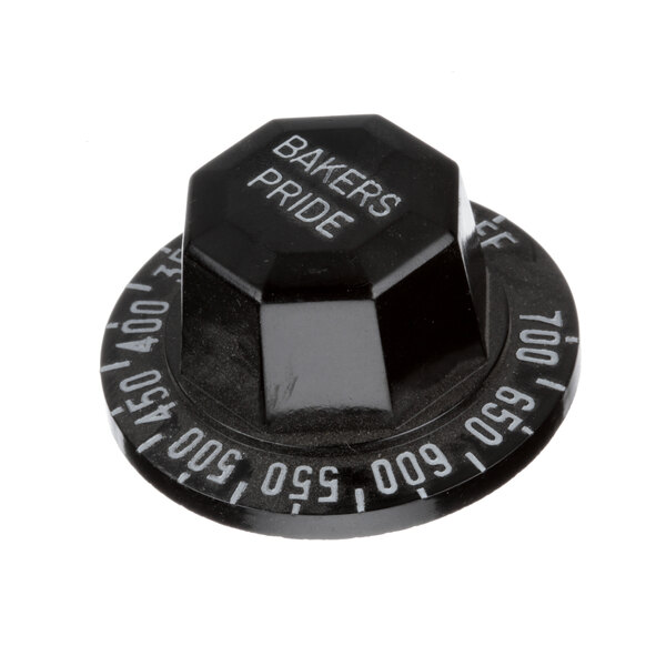 A black Bakers Pride knob with white text.