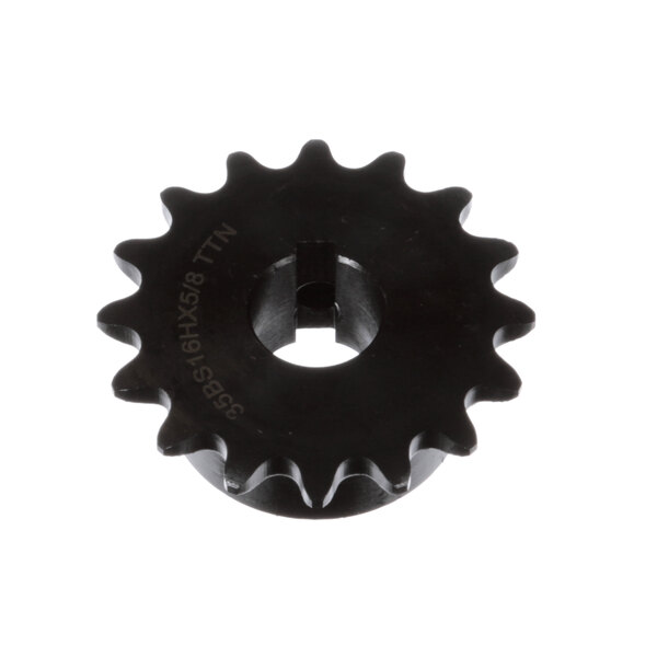 A close-up of a black sprocket with a hole in the middle.