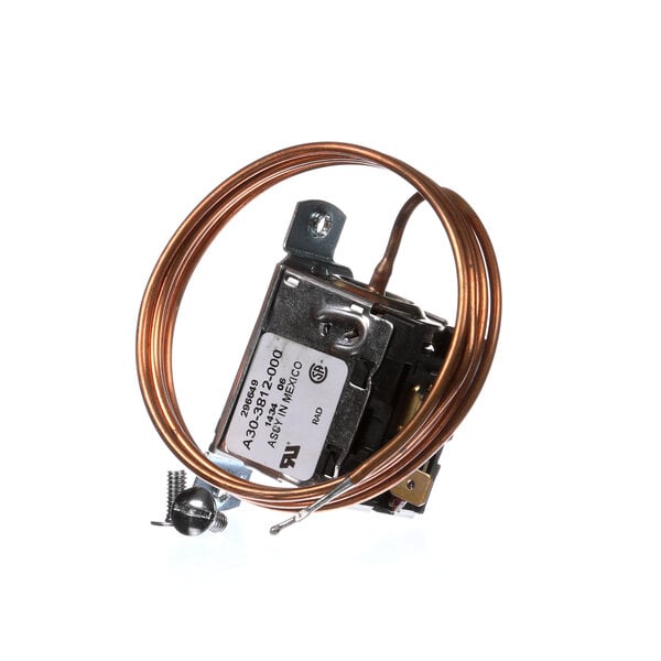 A thermostat with a copper wire and a metal device.