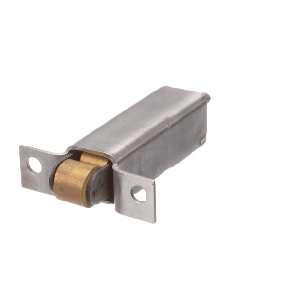 A metal latch roller assembly with gold and silver metal rollers.