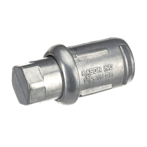 A Kason foot with a metal nut on one end and a threaded metal cylinder on the other.