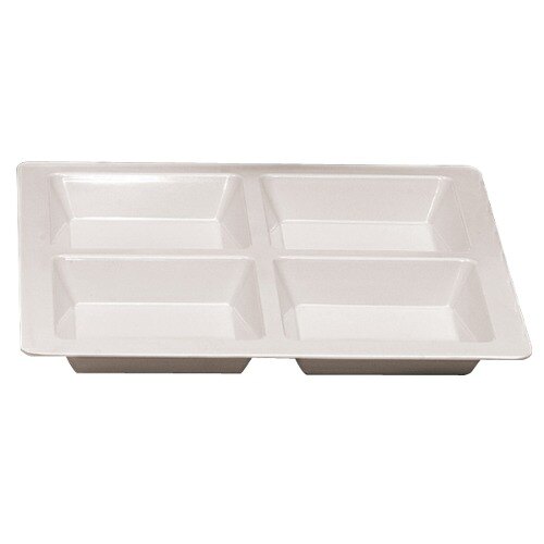 A white rectangular Thunder Group tray with four square compartments.