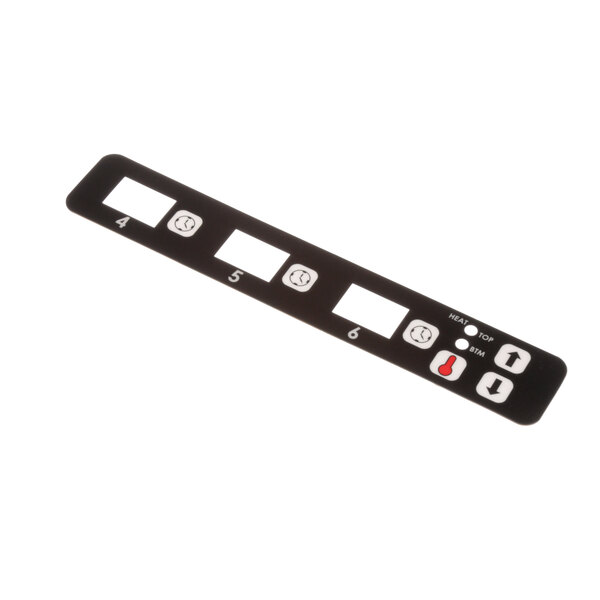 A black rectangular strip with white circles and red and black buttons.