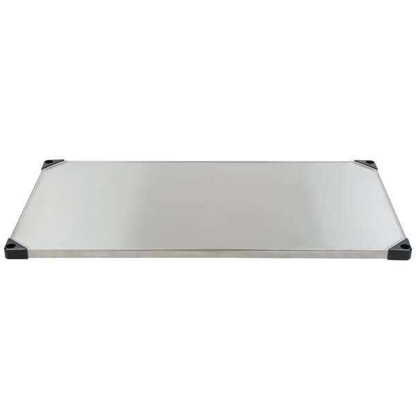 A Metro stainless steel shelf with black trim.