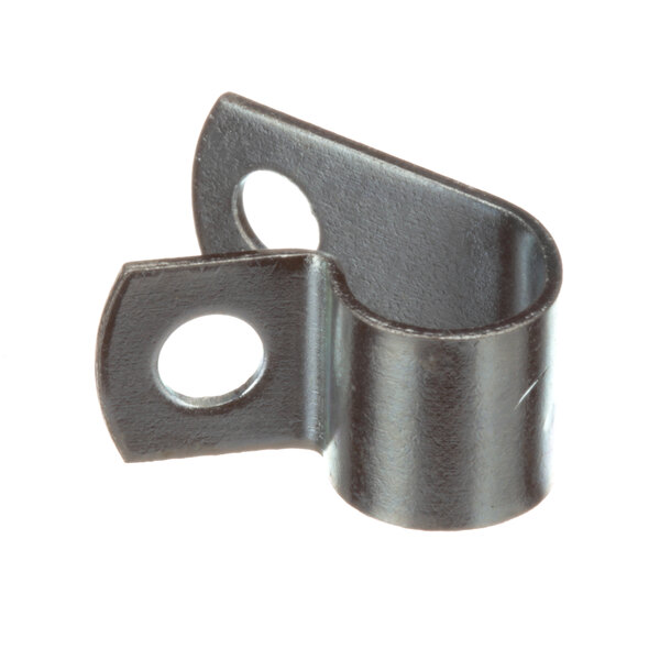 A metal Vulcan tubing clamp with two holes.