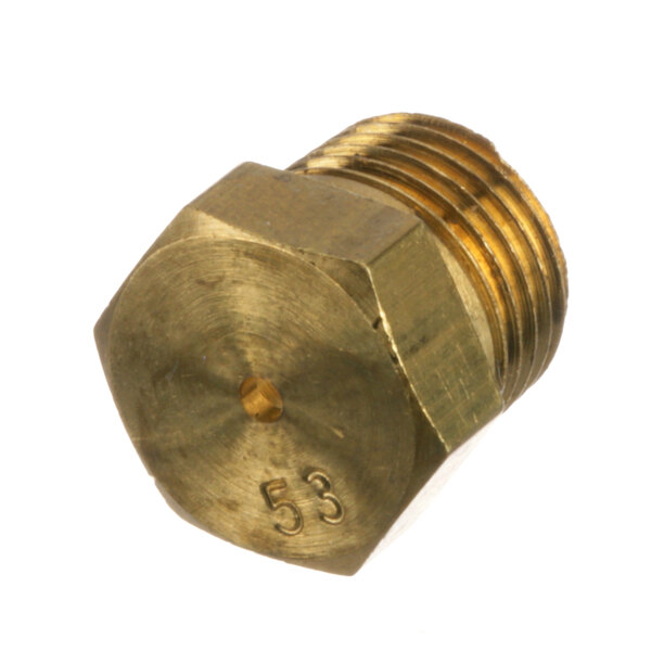 A close-up of a brass threaded nut with a hexagon shape.