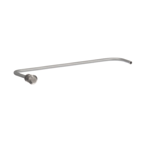 A long curved metal pipe with a white background.