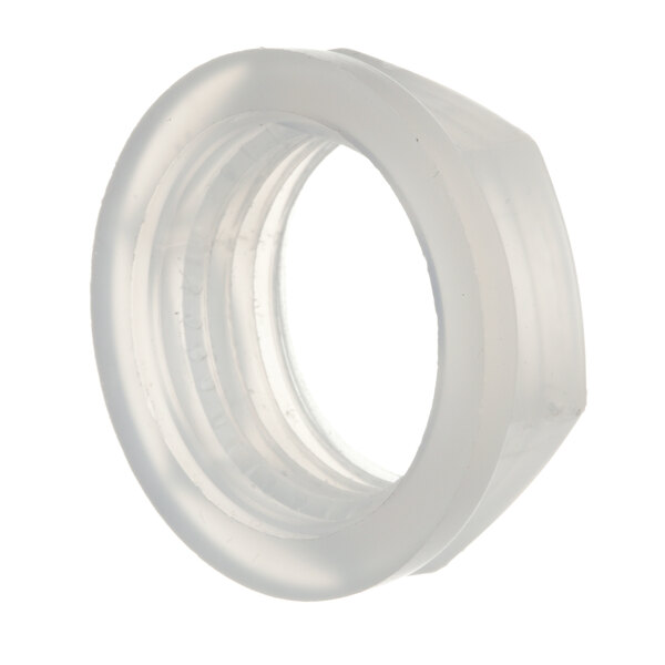 A close-up of a clear plastic ring with a white ring on the inside.