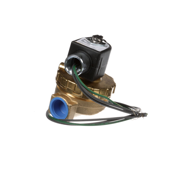 A close-up of a Jackson brass solenoid valve with a blue wire attached.