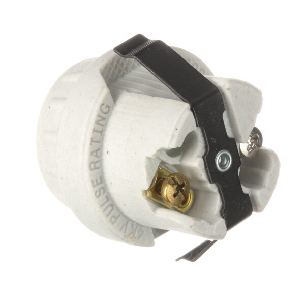 A white Victory light socket with a black strap.