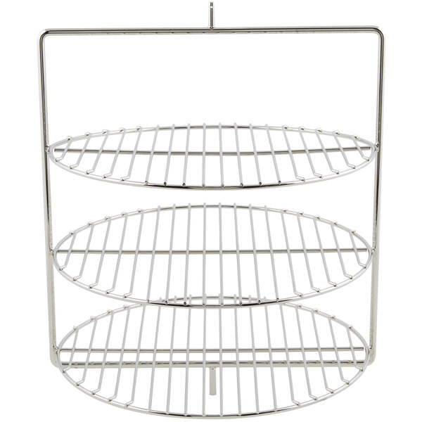 A metal rack system with three tiers and three shelves on it.