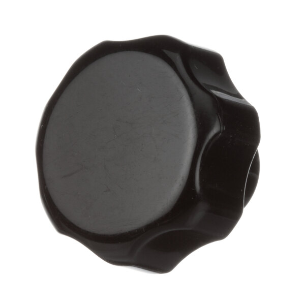 A black plastic knob with a white background.